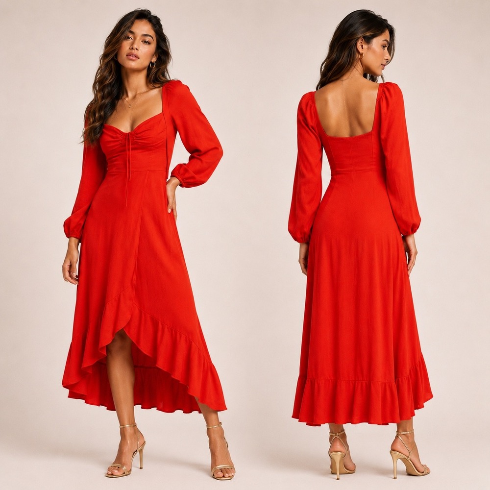 Y2K free people flowy summer midi maxi dress red puff sleeve bustier medium